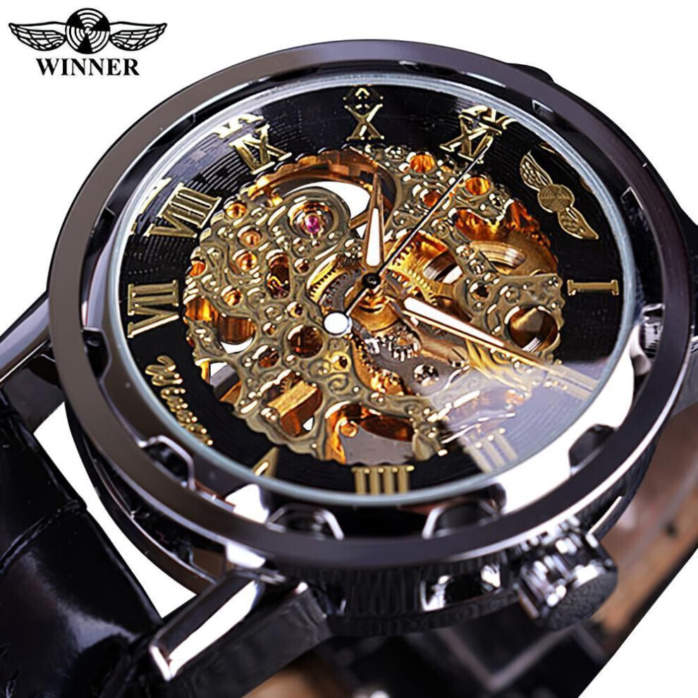 Maxpower (,Gold) T-Winner Men Relogios Skeleton Watches Brand Luxury Leather Strip Wrist Watch Men Mechanical Clock Black/Gold
