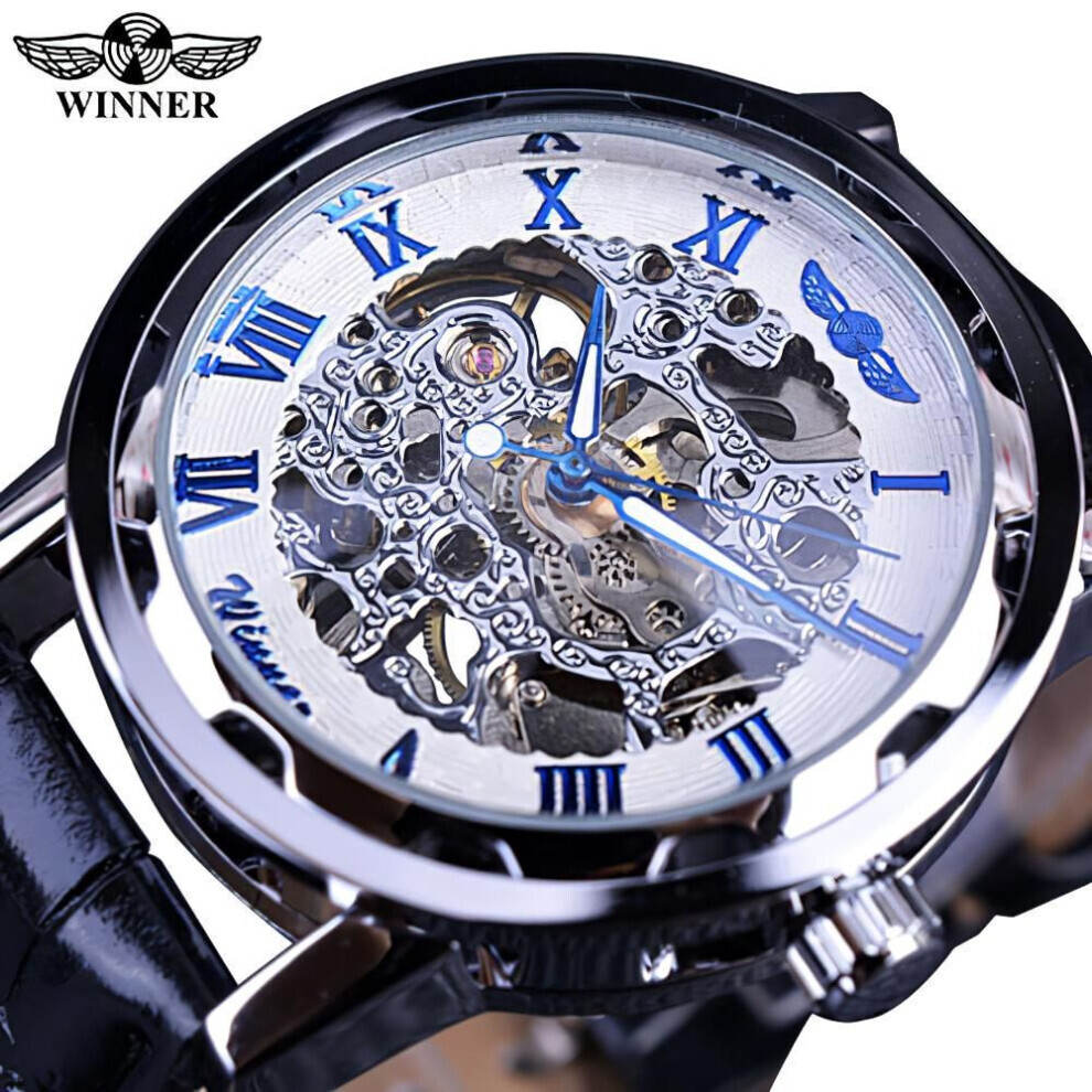 Maxpower (White,) T-Winner Men Relogios Skeleton Watches Brand Luxury Leather Strip Wrist Watch Men Mechanical Clock Blue