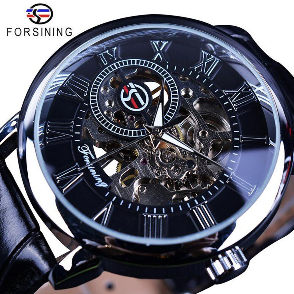 (black,silver) Forsining 3D Logo Design Hollow Engraving Black Gold Case Leather Skeleton Mechanical Watches Men Luxury Brand Heren Horloge