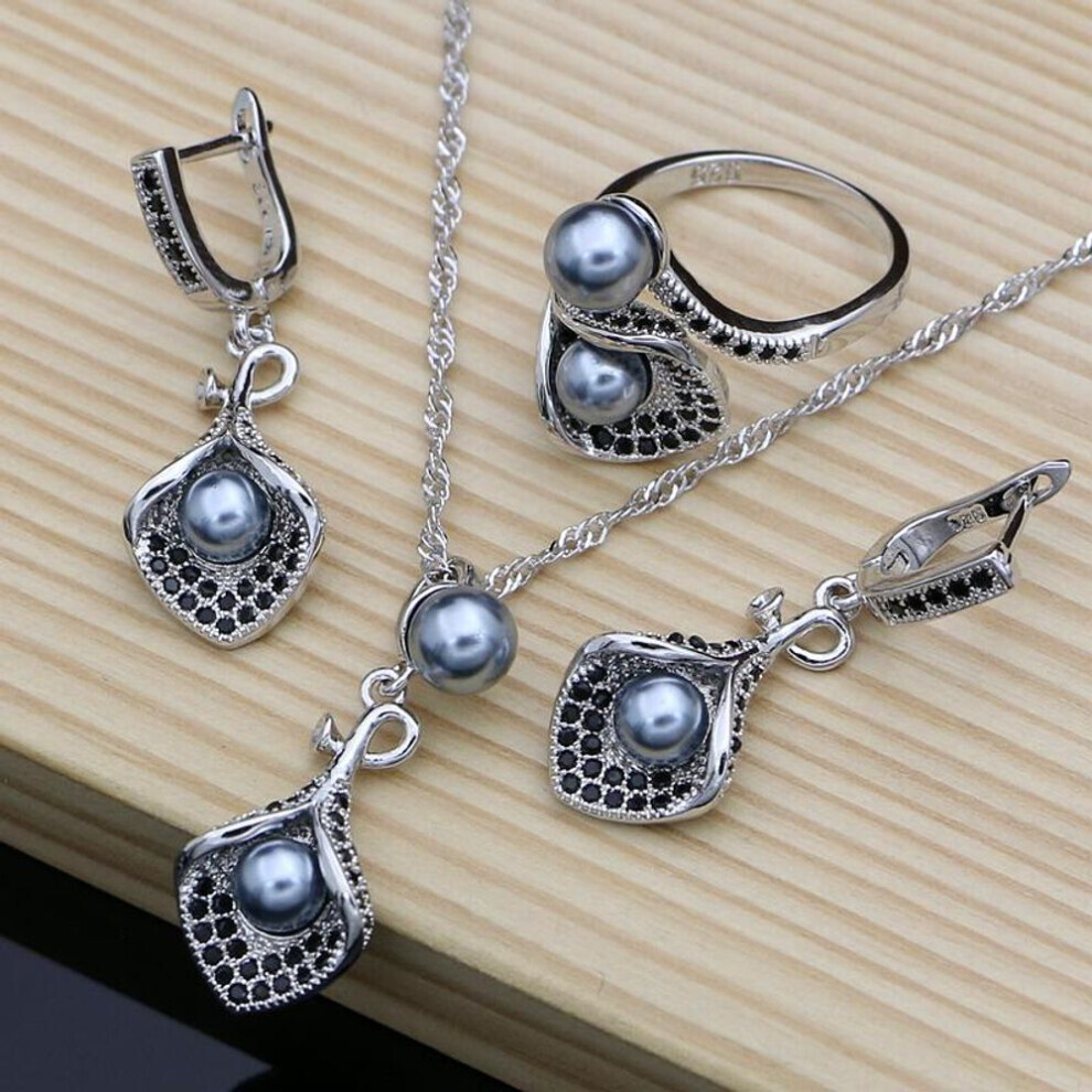 (black, Resizable) Horn Flower Silver Color Bridal Jewelry Sets Black Imitation Pearl  For Women Wedding Open Rings