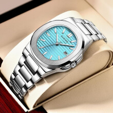 (silver,baby blue) Lige New Men Watch Fashion Casual Square Stainless Steel Quartz Watch Sport Waterproof Watch Night Glow Automatic Date Watch Women Watch