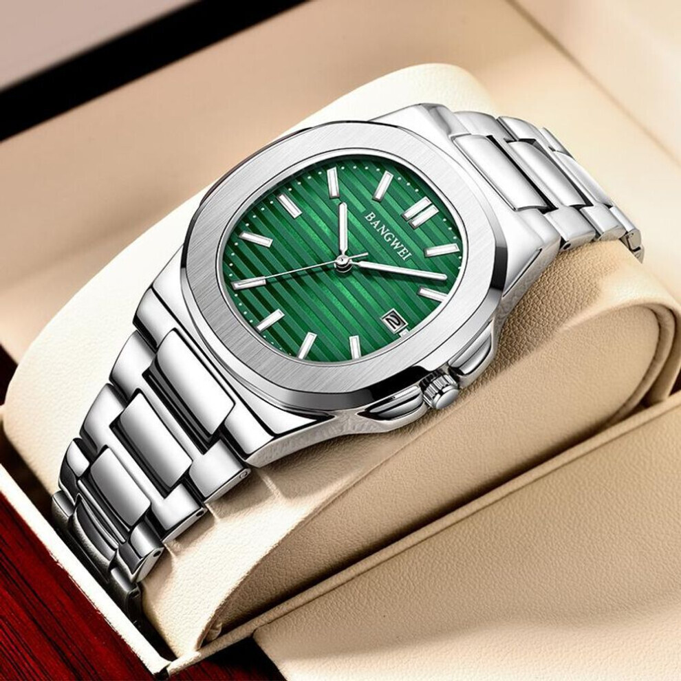 (silver,green) Lige New Men Watch Fashion Casual Square Stainless Steel Quartz Watch Sport Waterproof Watch Night Glow Automatic Date Watch Women Watch