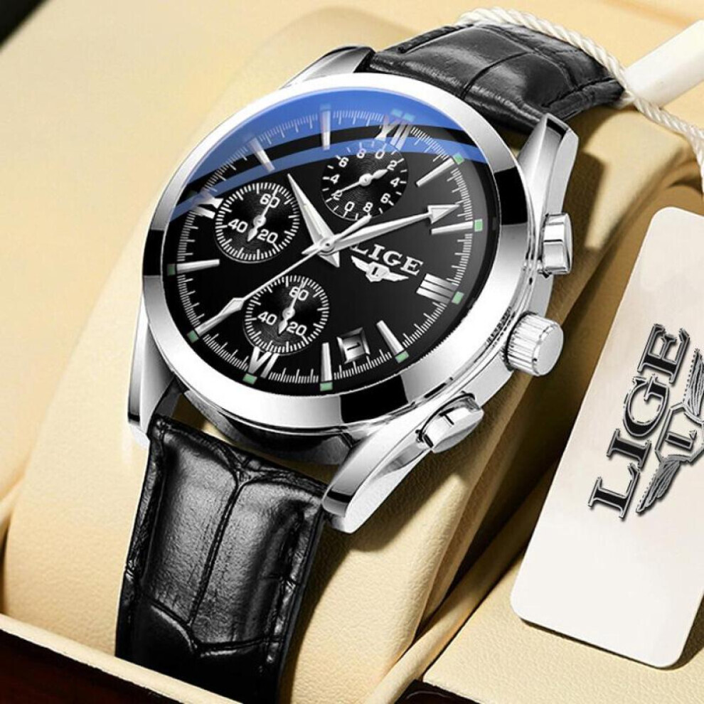 Maxpower (Silver Black) Lige 2022 Men Watch Original Leather Strap Waterproof Sports Chronograph Wrist Watch