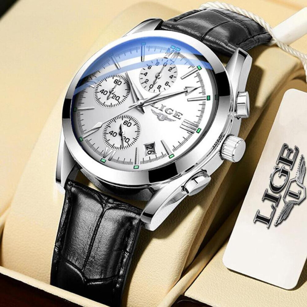 Maxpower (Silver White) Lige 2022 Men Watch Original Leather Strap Waterproof Sports Chronograph Wrist Watch