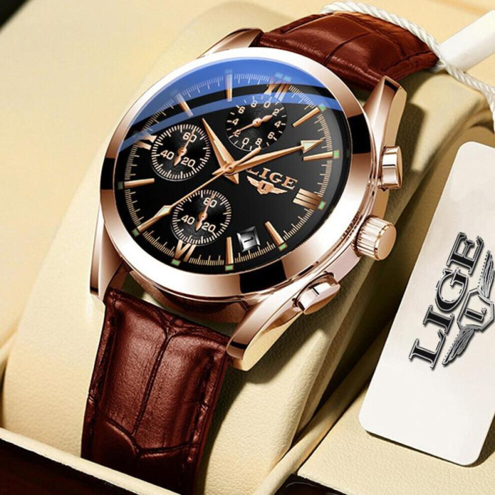 Maxpower (Gold Black) Lige 2022 Men Watch Original Leather Strap Waterproof Sports Chronograph Wrist Watch
