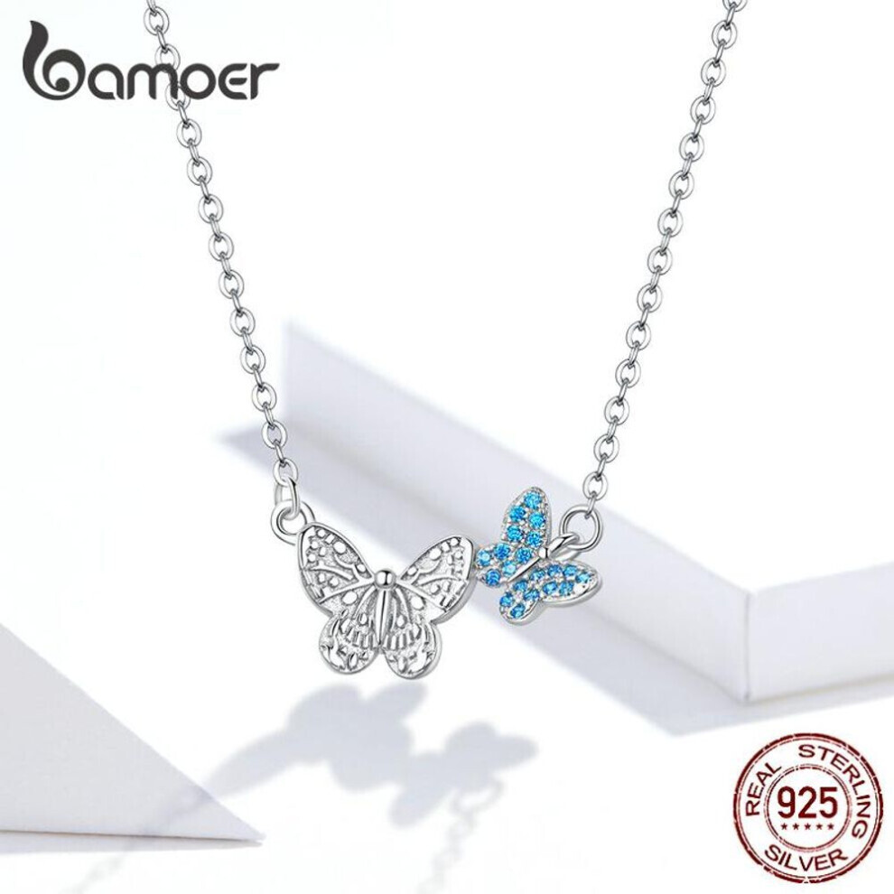 Maxpower (Necklace) Bamoer Authentic 925 Sterling Pave Setting Cz Flying Butterfly Necklace Original Brand Design Jewelry Silver