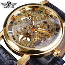 (gold) Winner Transparent Golden Case Luxury Casual Design Brown Leather Strap Mens Watches Top Brand Luxury Mechanical Skeleton Watch