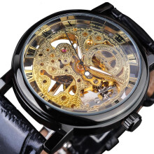 (black,gold) Winner Transparent Golden Case Luxury Casual Design Brown Leather Strap Mens Watches Top Brand Luxury Mechanical Skeleton Watch