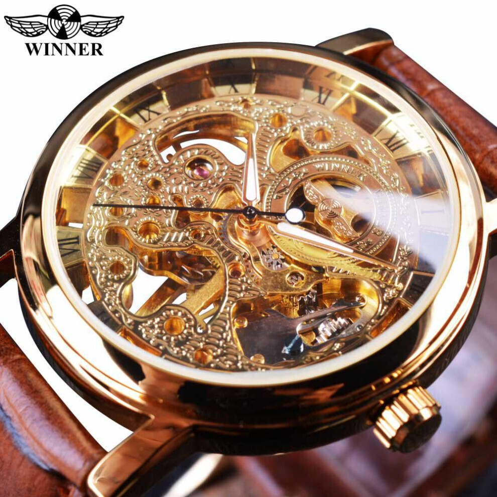 (brown) Winner Transparent Golden Case Luxury Casual Design Brown Leather Strap Mens Watches Top Brand Luxury Mechanical Skeleton Watch-image-OPC-PG8KCK8-NEW