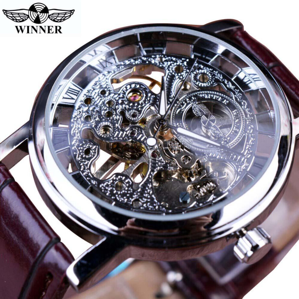 Maxpower (Ivory) Winner Transparent Golden Case Luxury Casual Design Brown Leather Strap Mens Watches Top Brand Luxury Mechanical Skeleton Watch
