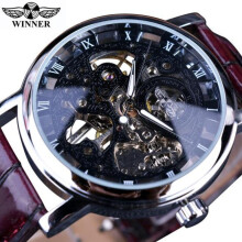 (black) Winner Transparent Golden Case Luxury Casual Design Brown Leather Strap Mens Watches Top Brand Luxury Mechanical Skeleton Watch