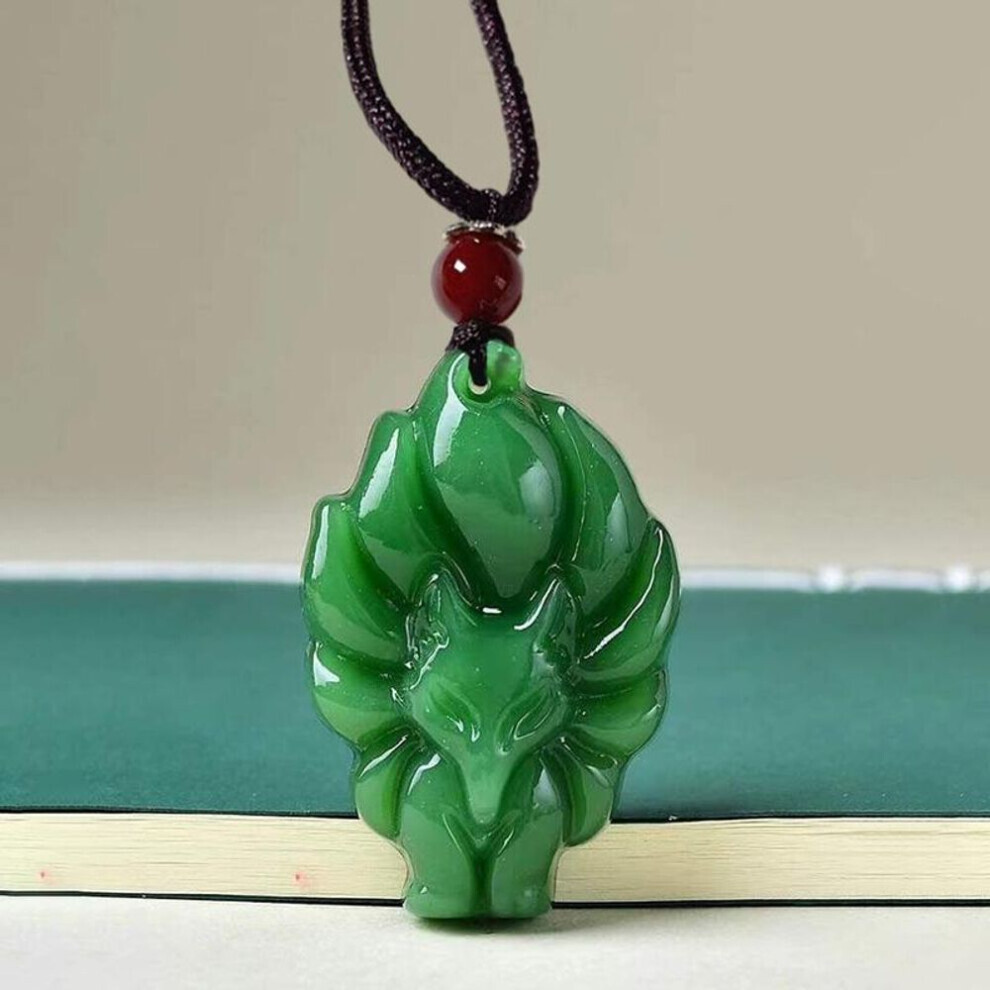Maxpower (Green) Hand-Carved Nine-Tailed Fox Pendant Necklace Chinese Amulet Long Cord Fox Necklace Women Man's Lucky Jewelry Gift Green
