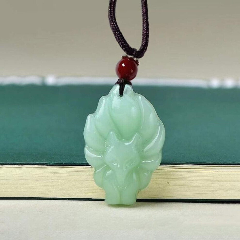 Maxpower (Light ) Hand-Carved Nine-Tailed Fox Pendant Necklace Chinese Amulet Long Cord Fox Necklace Women Man's Lucky Jewelry Gift Green