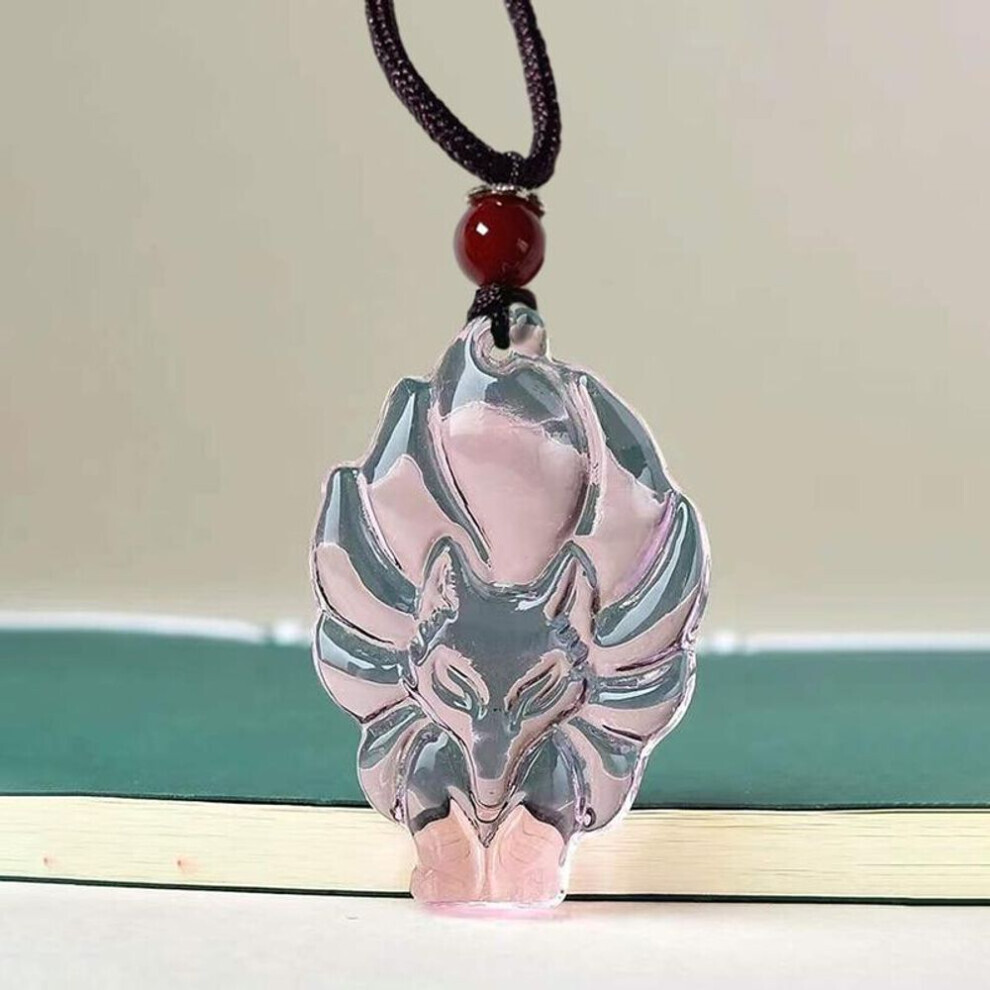 Maxpower (Pink) Hand-Carved Nine-Tailed Fox Pendant Necklace Chinese Amulet Long Cord Fox Necklace Women Man's Lucky Jewelry Gift Pink