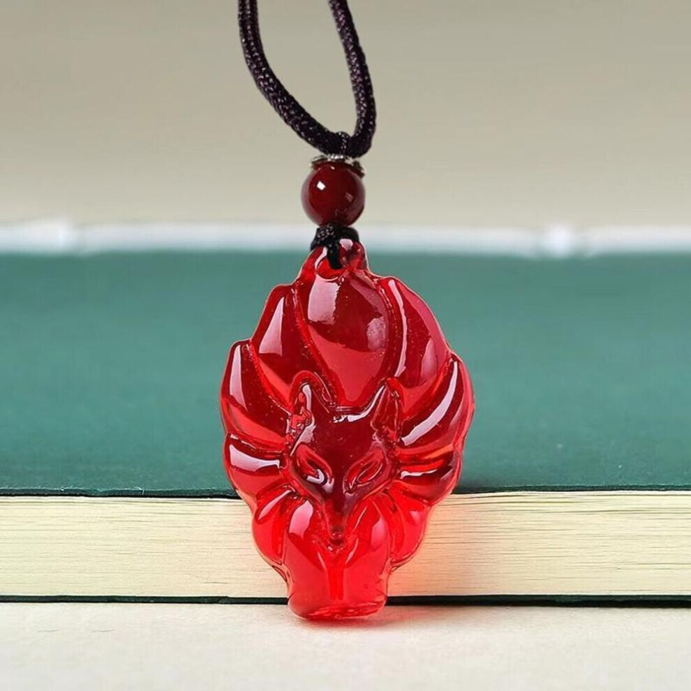 Maxpower (Red) Hand-Carved Nine-Tailed Fox Pendant Necklace Chinese Amulet Long Cord Fox Necklace Women Man's Lucky Jewelry Gift Red
