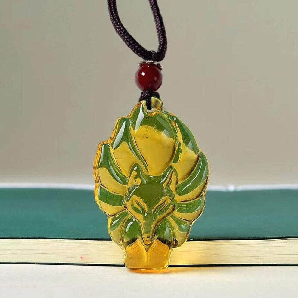 Maxpower (Yellow) Hand-Carved Nine-Tailed Fox Pendant Necklace Chinese Amulet Long Cord Fox Necklace Women Man's Lucky Jewelry Gift Yellow