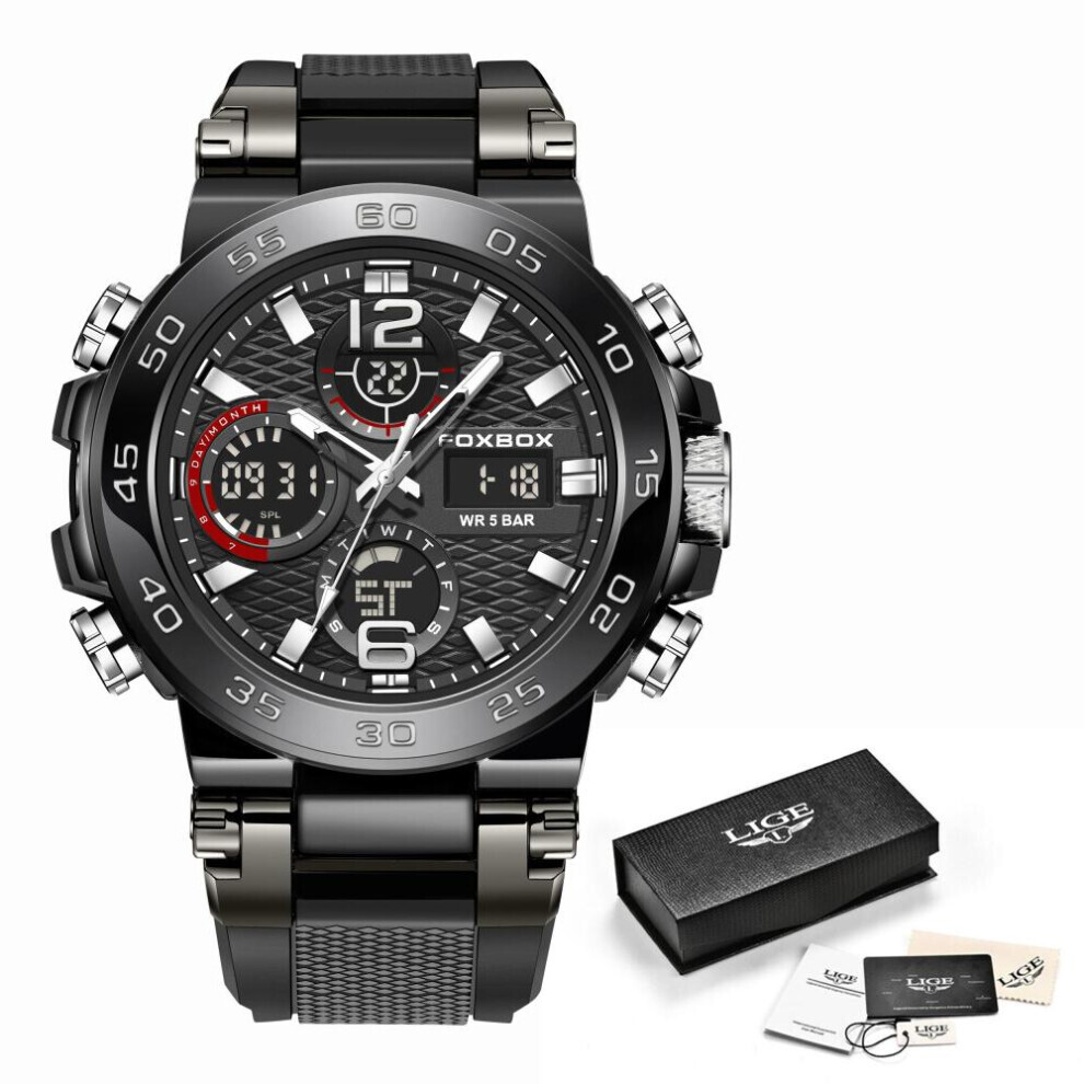 Maxpower (Black) Lige Men's Sports Watch 5Atm Waterproof Luminous Digital Dual Display Quartz Watch Fashion Chronograph Black