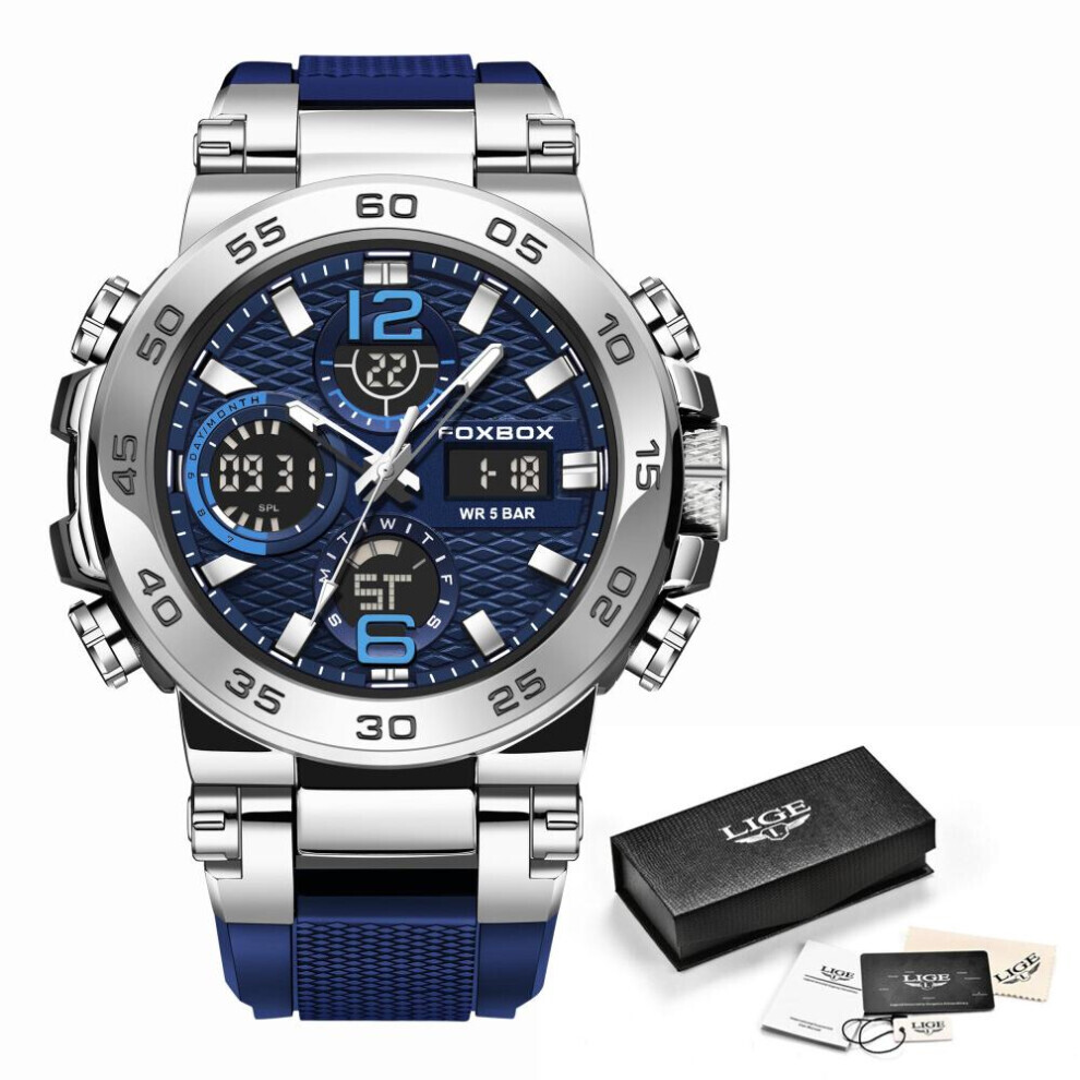 Maxpower (,Blue) Lige Men's Sports Watch 5Atm Waterproof Luminous Digital Dual Display Quartz Watch Fashion Chronograph Silver/Blue