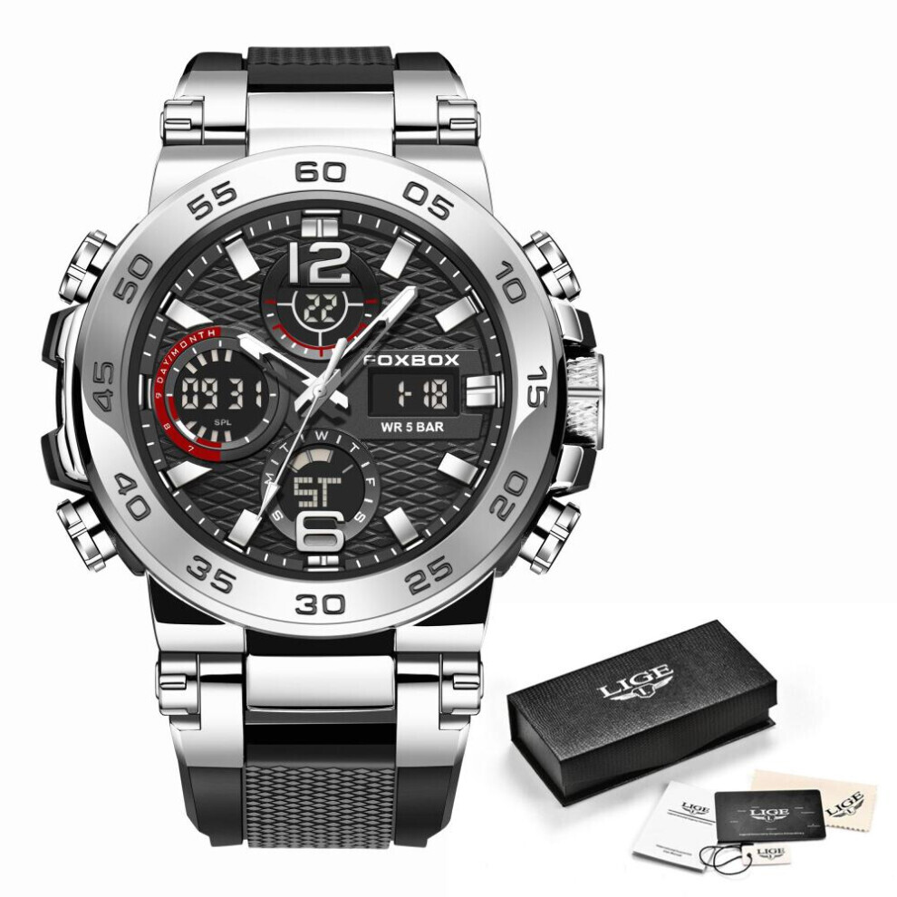 Maxpower (Silver,) Lige Men's Sports Watch 5Atm Waterproof Luminous Digital Dual Display Quartz Watch Fashion Chronograph Black