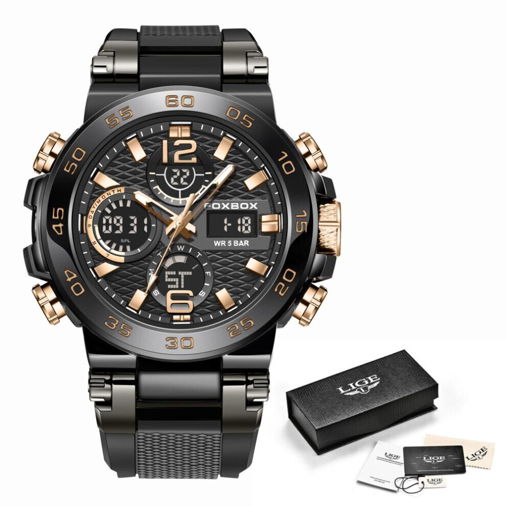 Maxpower (Rose ,Black) Lige Men's Sports Watch 5Atm Waterproof Luminous Digital Dual Display Quartz Watch Fashion Chronograph Gold/Black