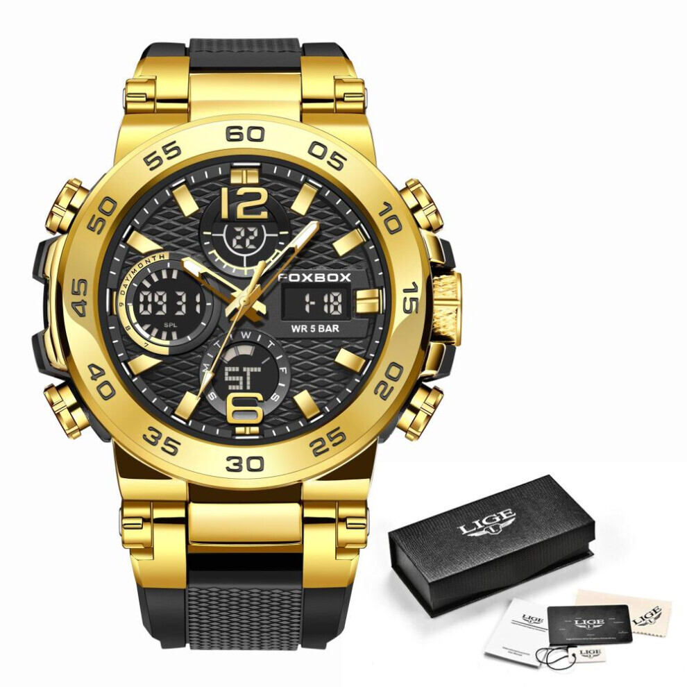 Maxpower (Gold) Lige Men's Sports Watch 5Atm Waterproof Luminous Digital Dual Display Quartz Watch Fashion Chronograph Gold