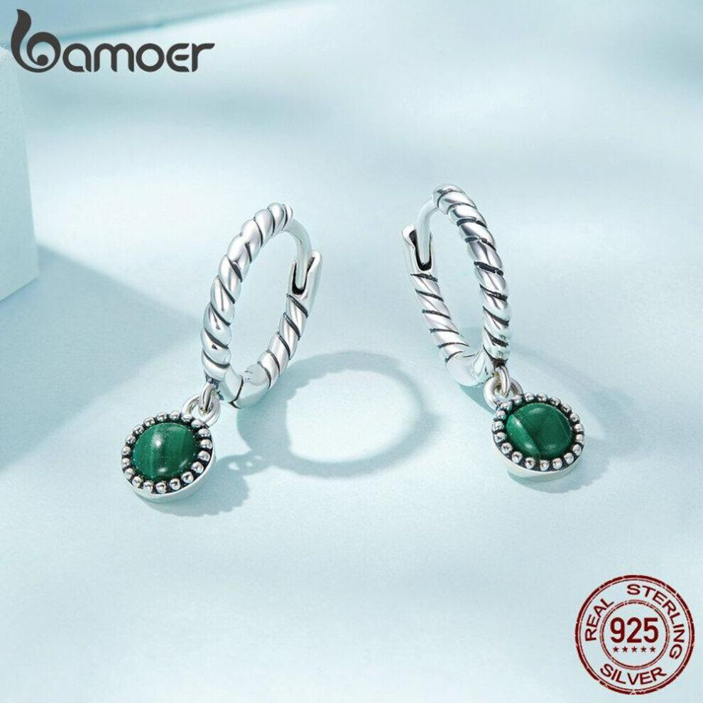 (925 silver) Bamoer 925 Sterling Silver Malachite Ear Buckles For Female Luxury Green Stone Drop Earrings Fine Jewelry Bridal Gift