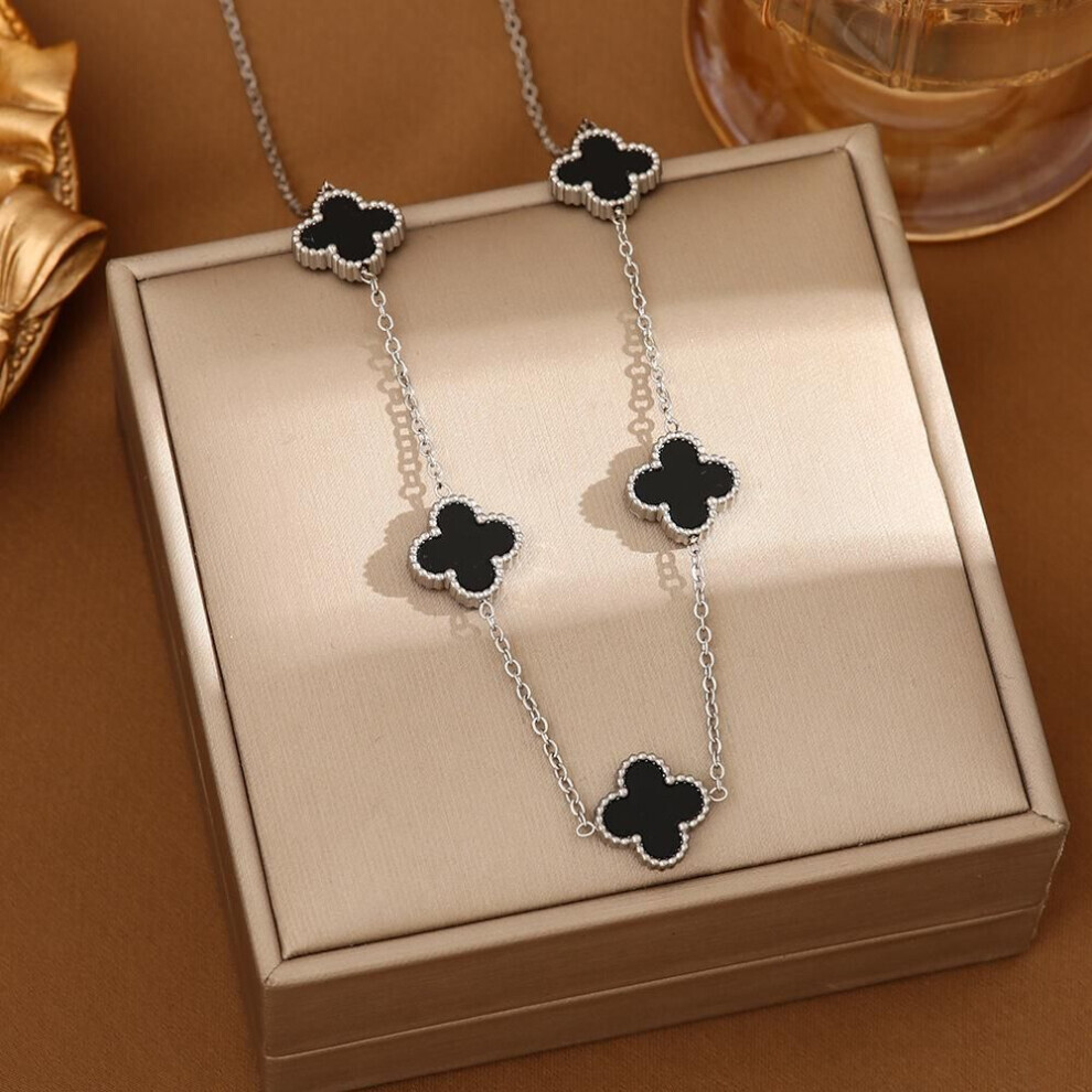 (black) Titanium Steel Four Leaf Clover Double-sided Mother Of Pearl Necklace, 18k Real Gold Electroplating, Non Fading Fashion Collarbone Chain For Women