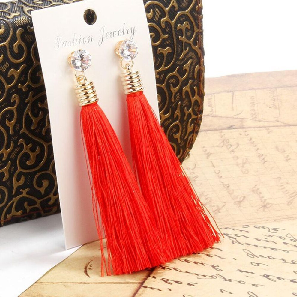 Maxpower (Red) Bohemian Tassel Earring White Blue Red Silk Fabric Long Drop Dangle Earrings For Women Jewelry Black