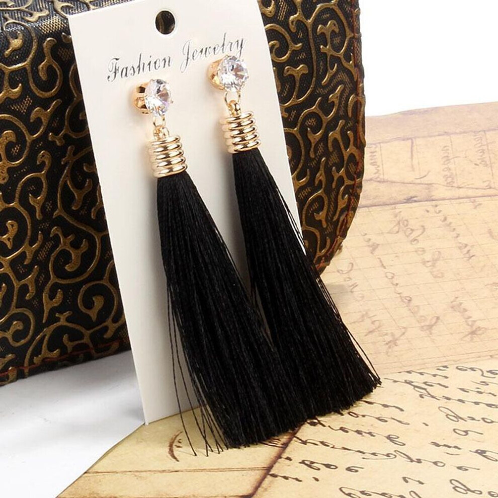 Maxpower () Bohemian Tassel Earring Blue Red Silk Fabric Long Drop Dangle Earrings For Women Jewelry Black/White