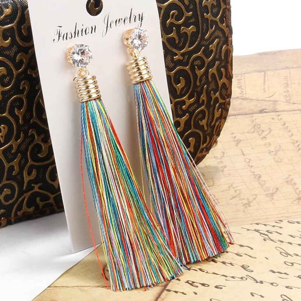 Maxpower (Multicolor) Bohemian Tassel Earring White Blue Red Silk Fabric Long Drop Dangle Earrings For Women Jewelry Black