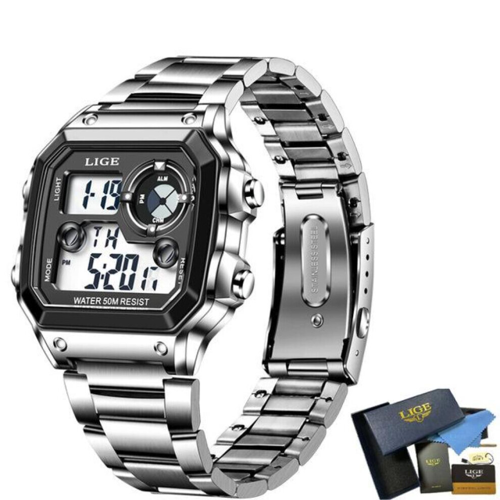 (Silver Black) LIGE Men&apos;s Digital Watch for Men Multi Function Luminous Waterproof Sports Quartz Wristwatch  LED Dual Display Square Dial Electronic Watches