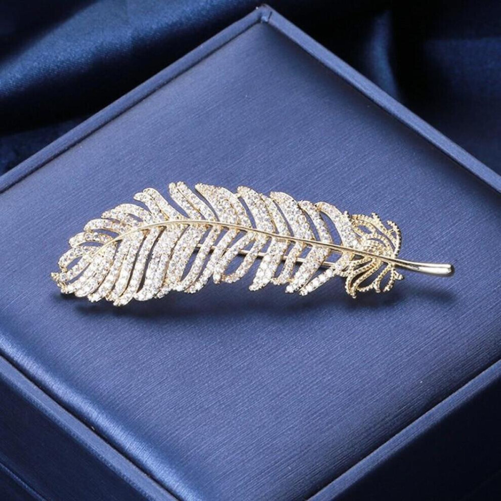 Maxpower (Gold) Blucome Exquisite Feather Brooch Inlaid Zircon Pins Women's Brooch For Coat Suit Hijab Pins New Year Gifts Gold