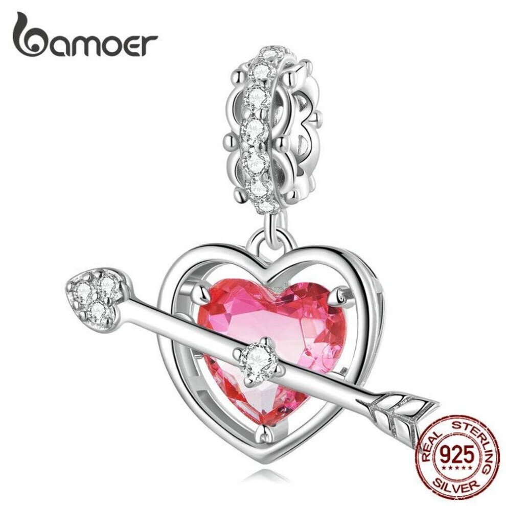 Maxpower (A) Bamoer 925 Sterling Silver Arrow And Rose Red Love Hanging Bead Pink Love Heart Zircon Pendant For Women Valentine's Day Gift Jewerly Pink,Red,Silver