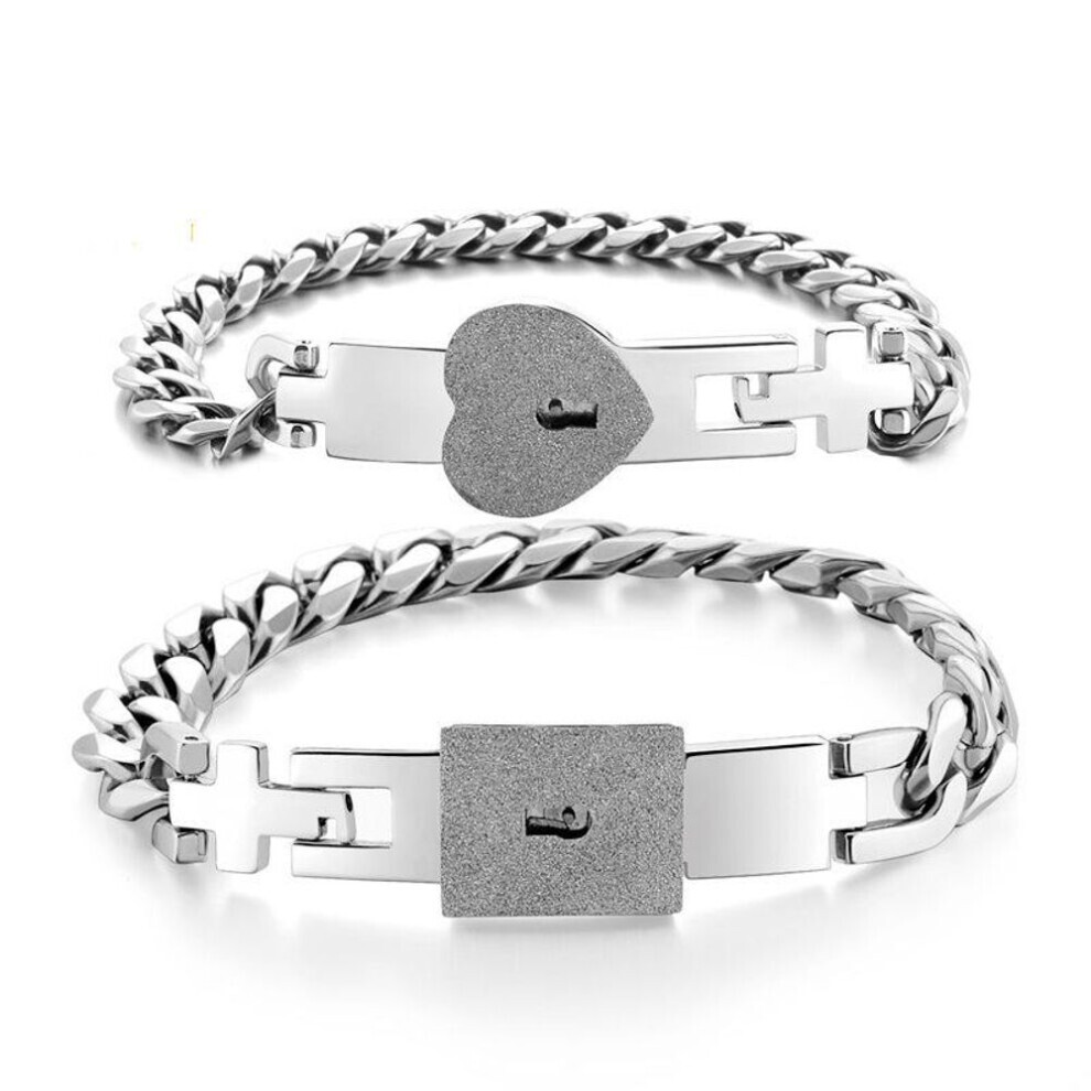 (silver) Simple Couple Bracelet Titanium Steel Heart Lock Key Bangle Bracelet