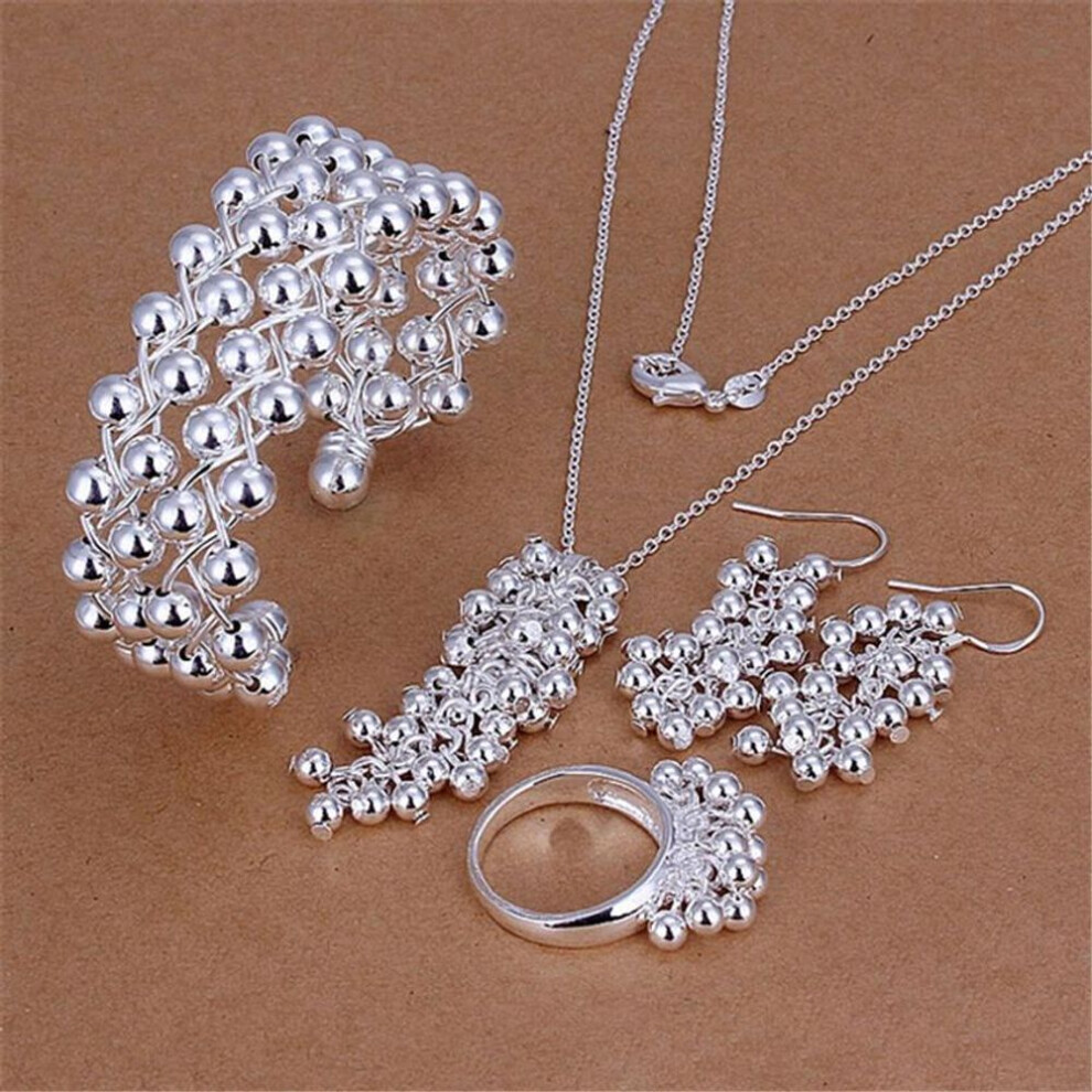 (45CM and 20CM) 925 Sterling Silver Jewelry Set Earrings Bracelet Rings Necklaces For Women Fine Grape Beads Pendant Bangle Wedding Party Gifts