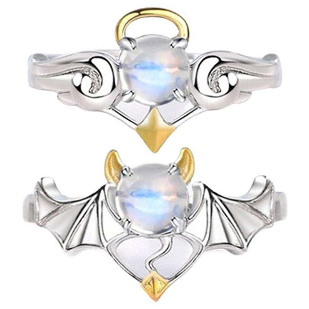 (silver, Angel+Devil) A Pair Couple Rings Angel Devil Moonstone Ring For Women Men Opening Adjustable Lovers Ring Jewelry Gift