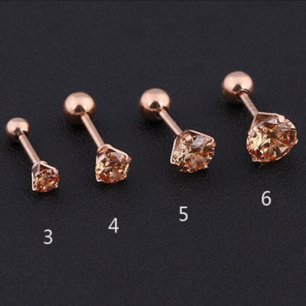 (rose gold, 5mm) 1pc Stainless Steel Crystal Zircon Ear Studs Earrings For Women/men 4 Prong Tragus Cartilage Piercing Jewelry