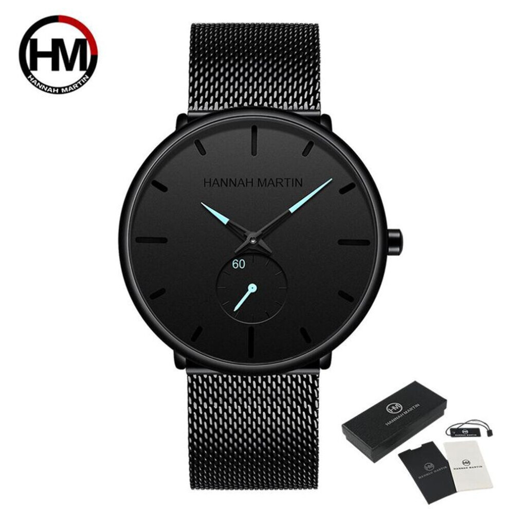 (blue) Hannah Martin Mens Watch Black Ultra Thin Wrist Watches For Men Fashion Waterproof Dress Stainless Steel Band Luxury Quartz Wrist Watch