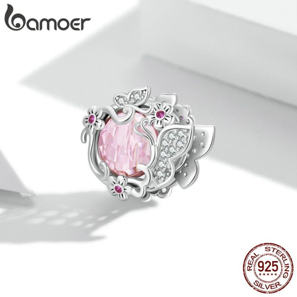 Maxpower (925 Silver) Bamoer 925 Sterling Silver Beautiful Butterfly Pink Zircon Beads Charm Fit Silver Bracelet & Bangle Fine Jewelry Party Gift Pink,Silver