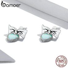 (925 silver) Bamoer 925 Sterling Silver Bowknot Opal Love Heart Drop Earrings For Women Korean Style Earrings Fine Jewelry Wedding Gift