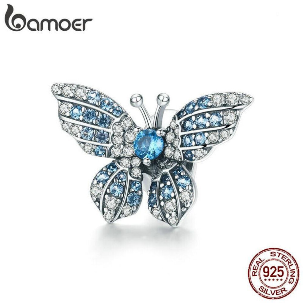 Maxpower (Bsc061) Bamoer 100% 925 Sterling Silver Crystal Blue Zircon Butterfly Beads Fit Charm Bracelets Blue,Silver