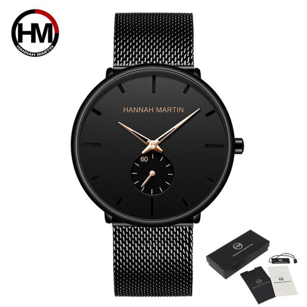(gold) Hannah Martin Mens Watch Black Ultra Thin Wrist Watches For Men Fashion Waterproof Dress Stainless Steel Band Luxury Quartz Wrist Watch