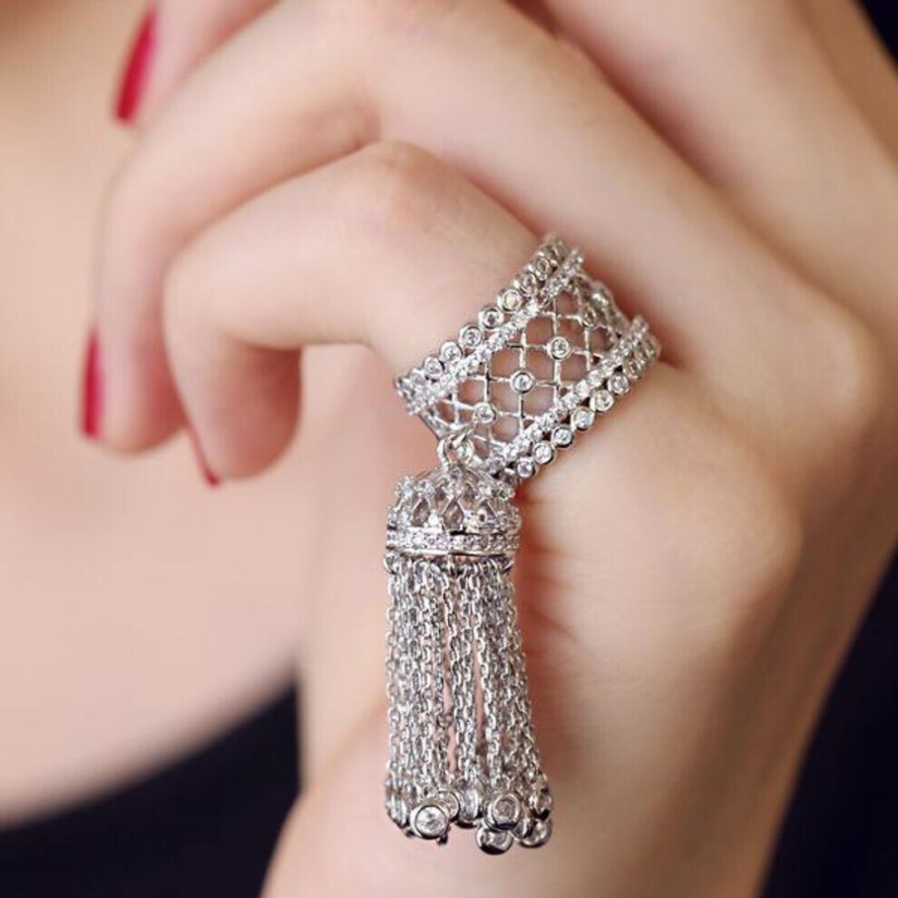 Maxpower (As The Picture, 9) Baroque Tassel Ring Korean Version Of Luxury Luxury Shiny Micro-Inlaid Zircon Tassel Mouth Ring 169