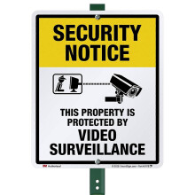 (Aluminum Sign with 3 Stake, One size) SmartSign Protected by Video Surveillance Security Notice Decal Set | Five Pack of 2.75"x3.25" EG Reflective Adhesive Labels, Made in USA