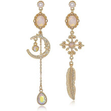(844, One size) Heyone Bohemian Hollow Asymmetrical Long Star Sun Moon Crystal Drop Earrings for Women Vintage Gold Feather Leaf Dangle Earrings Jewelry
