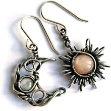(As show, One size) Boho Opal Sun and Moon Drop Dangle Earrings Moonstone tural Stone Hook Bohemian for Women Girls Asymmetrical Antiqued Silver Celestial Jewelry-A