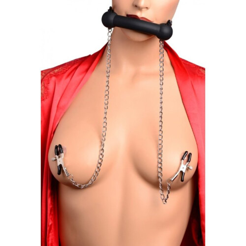 Silicone Bit Gag with Nipple Clamps 1