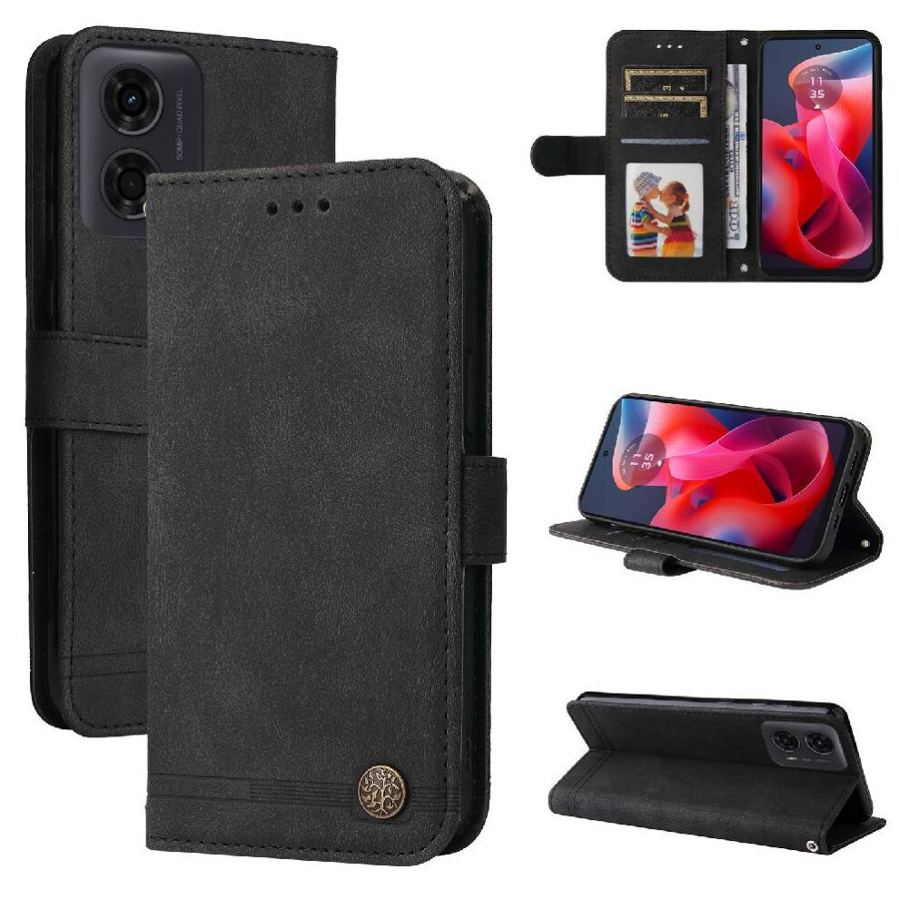 (Black) Flip Case For Motorola Moto E14 Wallet Short Strap Shockproof Long Strap Card Slot Holders Black 764549508624