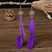 (As show, One size) Bohemia Drop Earrings Tassel Feather Trim with Zircon for Women Girls Holiday Birthday Gifts
