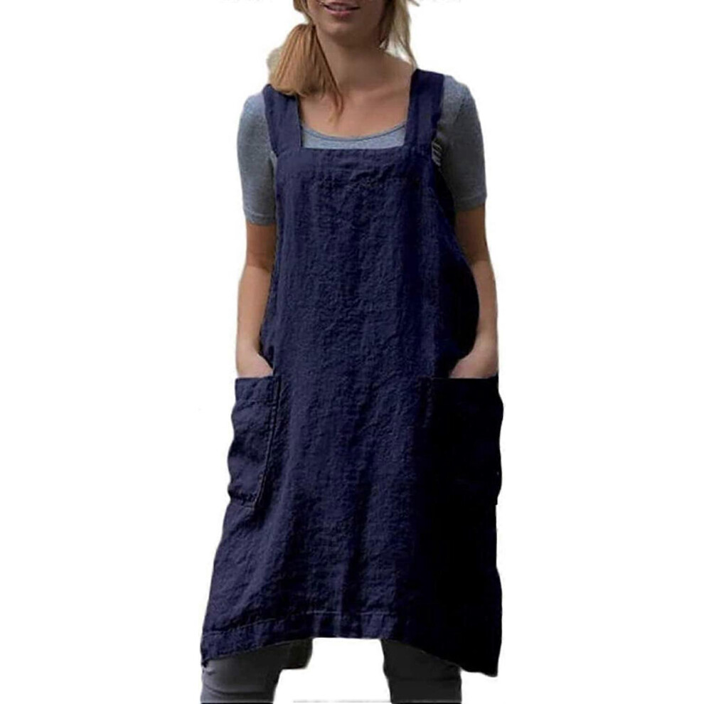 Konhill (As Show, One Size) Cotton Linen Apron For Women Cross Back Apron Pinafore Dress For Baking Cooking Gardening Work